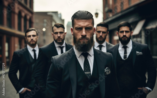 Handsome tattooed gangster man, with a beard in a luxurious suit, standing with a group of brothers photo