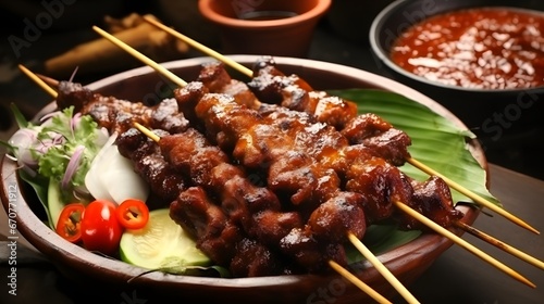 Sate Kere. Popular street food in Solo Surakarta, Central Java. Topped with peanut sauce and accompanied with rice cake, shallots and chili pepper.