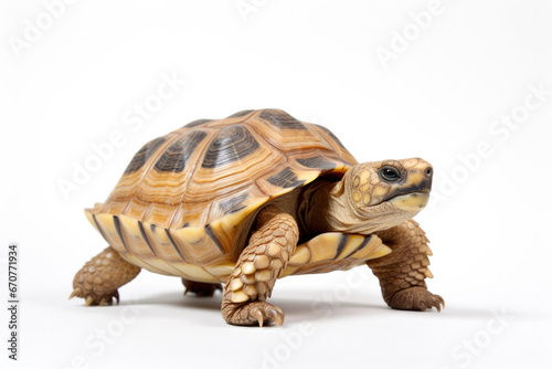 Close-up of old tortoise with white background