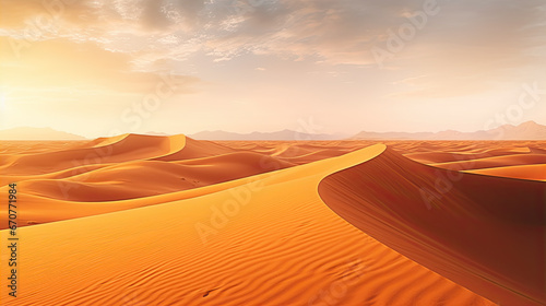 Panorama banner of sand dunes Sahara Desert at sunset. Endless dunes of yellow sand. Desert landscape Waves sand nature