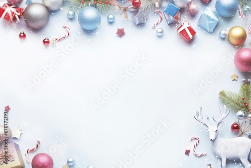 a colorful christmas border with gifts  christmas leaf  candy  snow flake  deer  little lamps decoration  soft pastel background for flat lay  generative ai