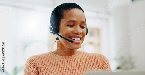 Customer service face, laptop and professional happy woman conversation on telemarketing, consultation or tech support. Home, freelance remote work and telecom agent consulting on lead generation