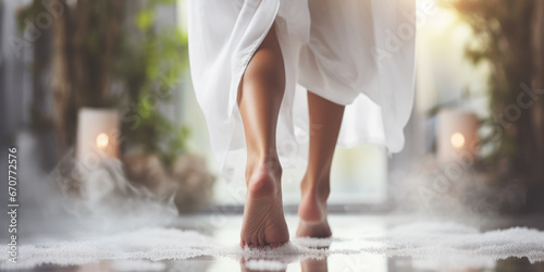Close-up of healthy ladies legs at spa wearing dressing gown, walking on rustic floor