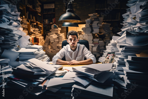 Young student, looking stressed, surrounded by piles of paperwork and University assignments