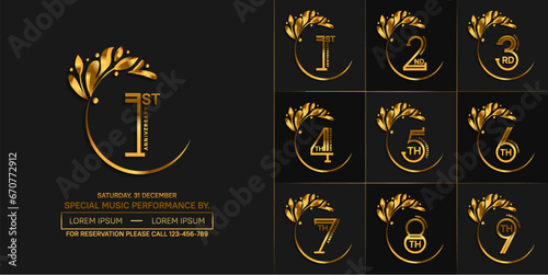 set of anniversary logotype golden color with swoosh and ornament for special celebration event