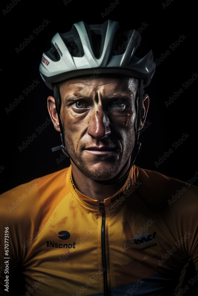 Obraz premium Professional cyclist racer after long road, race, wearing helmets and team lycra