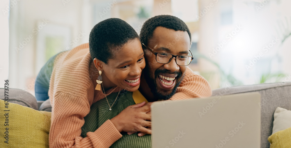 Home laptop, hug and black couple excited for online shop deal, discount promotion or omnichannel news announcement. Happiness, PC and African people smile for email, notification or feedback report Home laptop, hug and black couple excited for online shop deal, discount promotion or omnichannel news announcement. Happiness, PC and African people smile for email, notification or feedback report