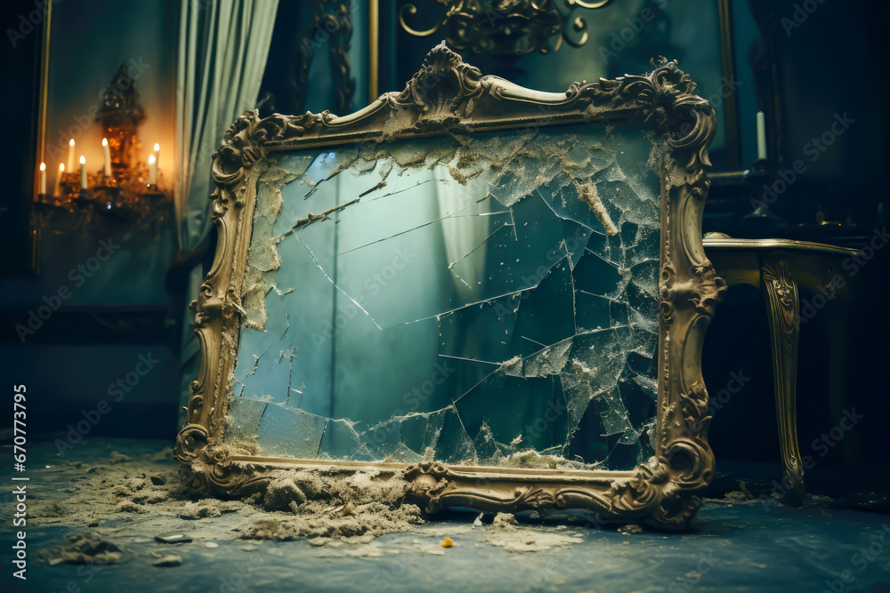 Broken antique mirror. terror - obrazy, fototapety, plakaty 