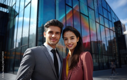 A couple with strong facial expression in business attire in front of office building © piai