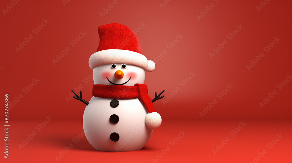 Cute 3D snowman on a red background, Christmas