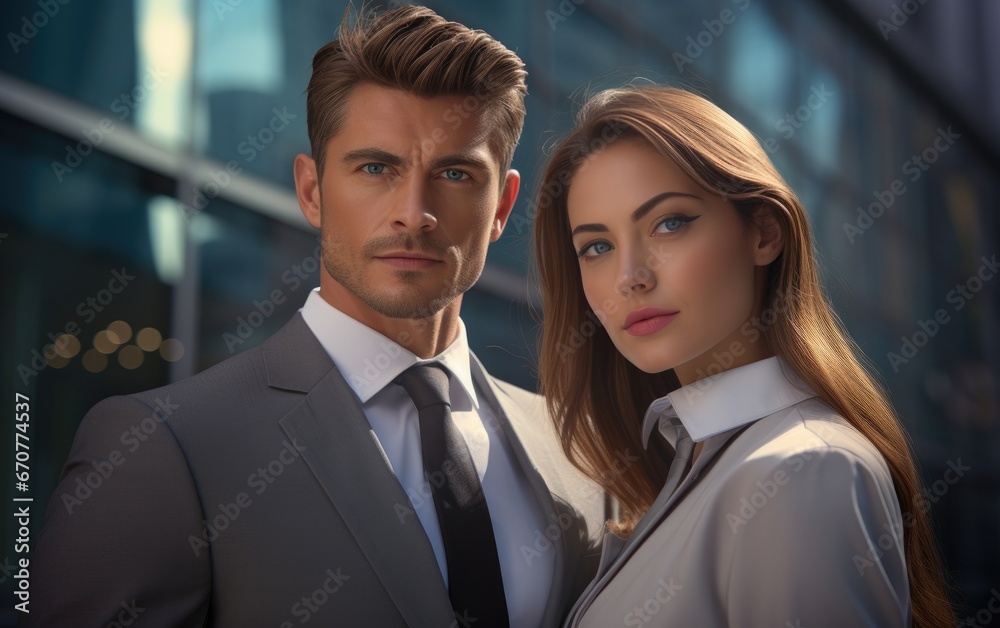 A couple with strong facial expression in business attire in front of office building A couple with strong facial expression in business attire in front of office building