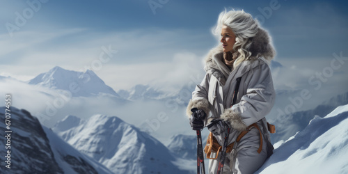 Stylish grey haired lady, wearing sunglasses on top of snowy cat mountain, enjoying skiing holiday