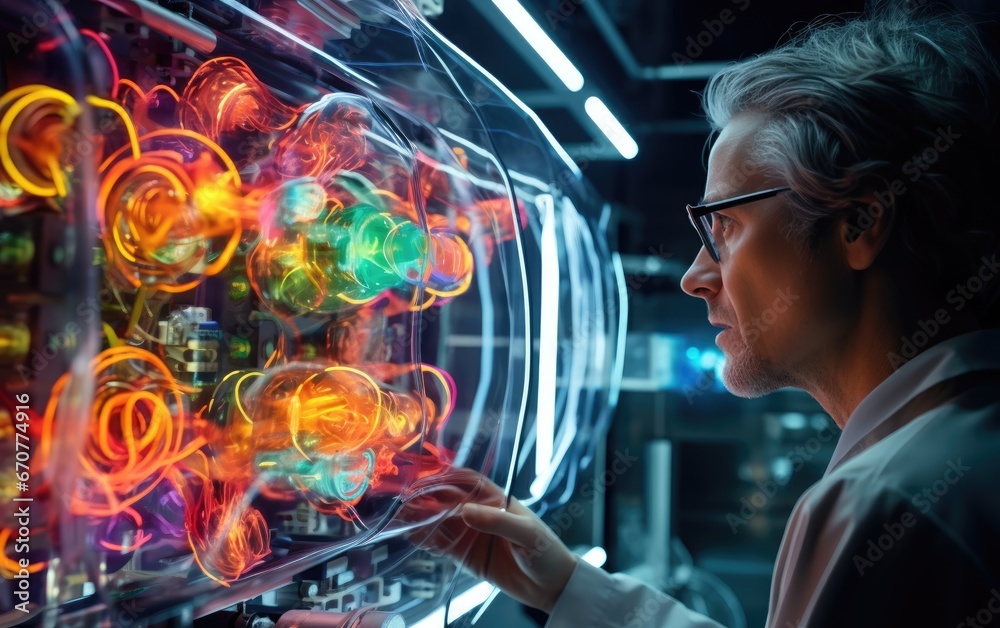 Researcher adjusting a particle accelerator in a high-tech laboratory - obrazy, fototapety, plakaty 