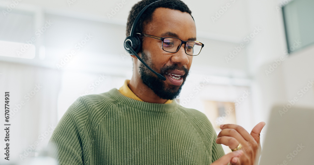Customer service, laptop video call and professional black man explain telemarketing, project advice or tech support. Online meeting, web conference mic or African consultant counting on webinar chat - obrazy, fototapety, plakaty 