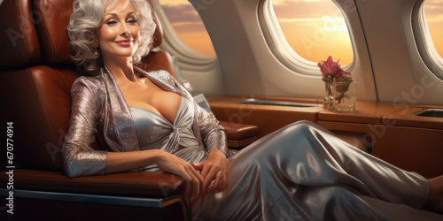 Glamorous, grey haired, lady on private jet enjoying hospitality