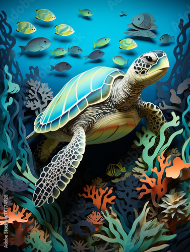 Cut Paper Art of a Sea Turtle