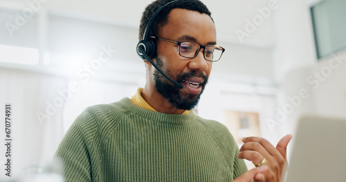 Customer service, laptop video call and professional black man explain telemarketing, project advice or tech support. Online meeting, web conference mic or African consultant counting on webinar chat