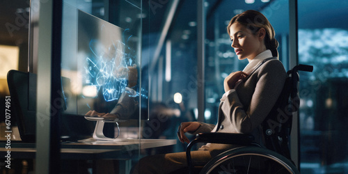 Women in wheelchair working late in a high-tech office