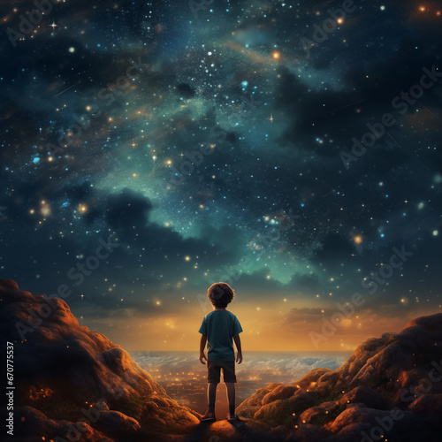 Child Gazing Up at a Beautiful Star-Filled Night Sky, Evening, Stars, Mountains, Valley