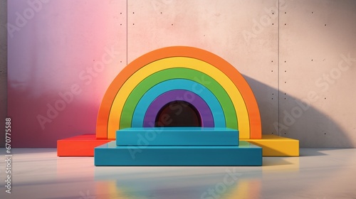 Rainbow podium background pride 3D product lgbtq display platform circle room pedestal. Background podium perspective presentation floor stand rainbow scene geometric white abstract soft orange toy.