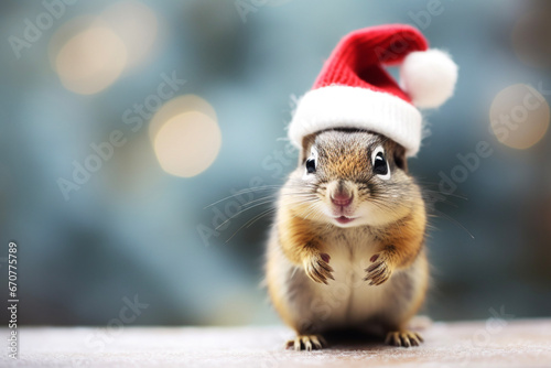 Cute chipmunks wearing a santa hat, on a Christmas holiday bokeh background, space for text