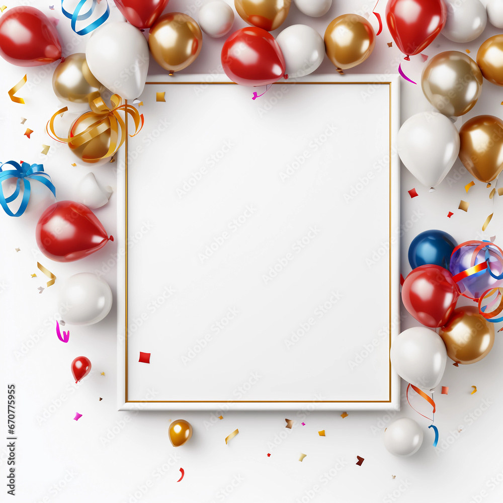 Decoration luxury balloons, confetti and frame, New year, Anniversary and Birthday party decoration, Birthday Party card and background. Generative AI