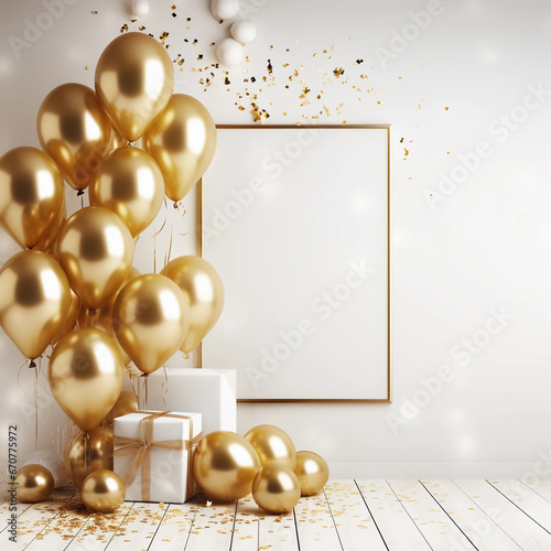 New year, Anniversary and Birthday party decoration, Party background, Gold color balloons, frame and white wall, confetti and gift boxes, Birthday card or backdrop, generative Ai