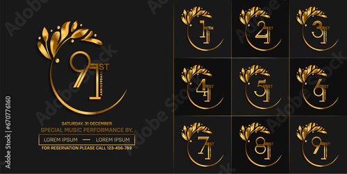 set of anniversary logotype golden color with swoosh and ornament for special celebration event