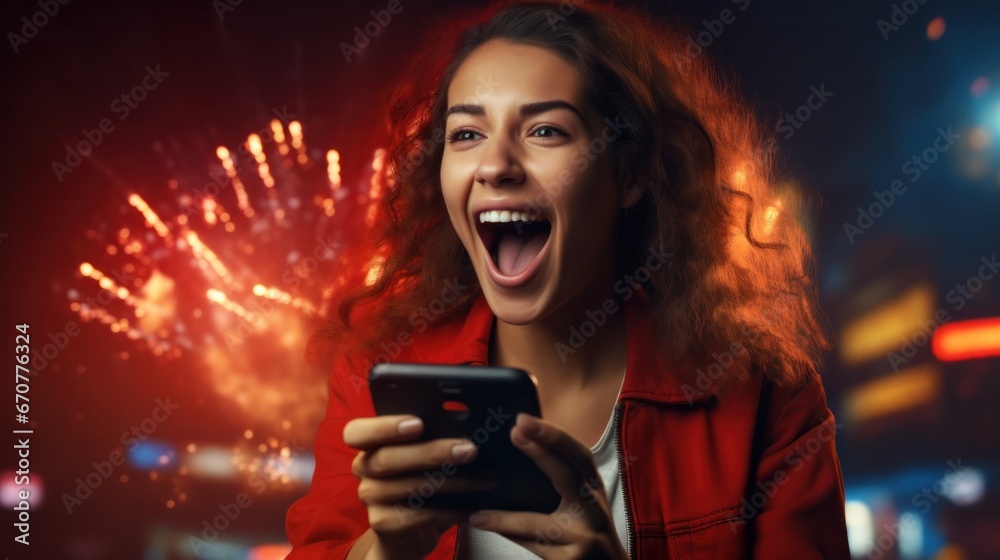 excited young woman play games by mobile phone make winner gesture. female winning mobile gambling. Wow face expression. Esport streaming game online, surprise, gamer, online, earning, new generation. - obrazy, fototapety, plakaty 