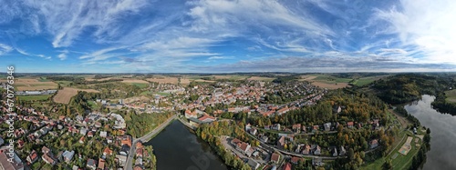 Polna historical city center of Bohemian town with square,column and cathedral and Polna castle,aerial panorama landscape view,Czech republic,Europe