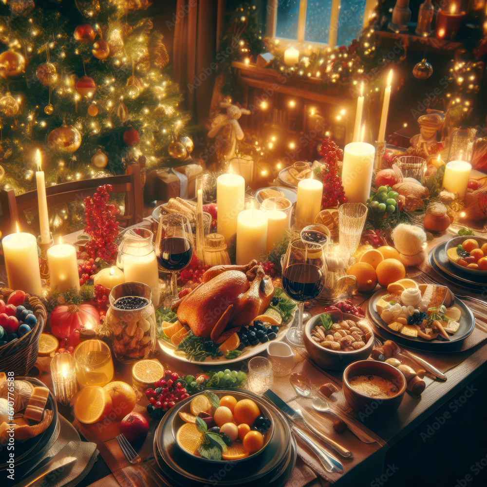 beautiful christmas dinner laid out on table with candles and decorations generative ai