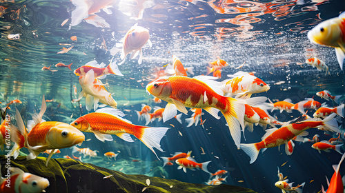 River pond decorative orange underwater fishes nishikigoi. Aquarium koi Asian Japanese wildlife colorful landscape nature clear water photo photo