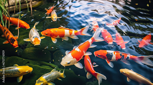 River pond decorative orange underwater fishes nishikigoi. Aquarium koi Asian Japanese wildlife colorful landscape nature clear water photo