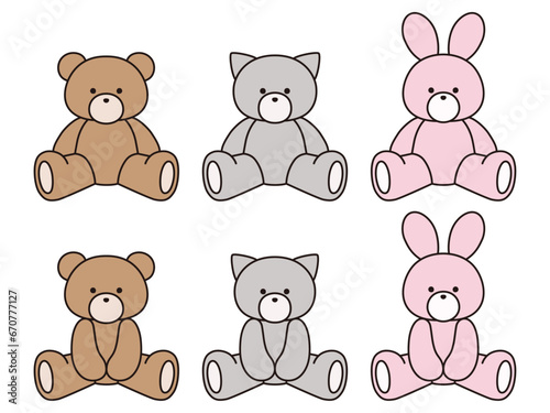 かわいいくまと猫とうさぎのぬいぐるみのベクターイラストセット