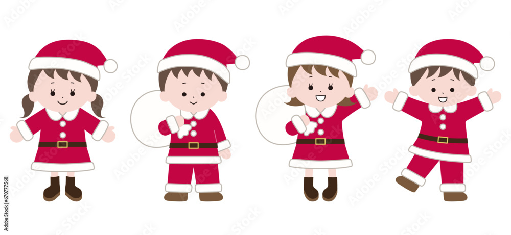 サンタの衣装を着た子供のイラスト。クリスマス、ベクター、サンタクロース、男の子、女の子 サンタの衣装を着た子供のイラスト。クリスマス、ベクター、サンタクロース、男の子、女の子