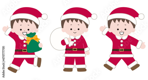 サンタの服を着た子供のイラスト。ベクター、クリスマス、男の子、ジャンプ、プレゼント