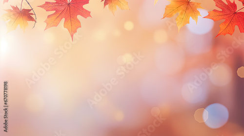 web banner design for autumn season and end year activity with red and yellow maple leaves with soft focus light and bokeh background