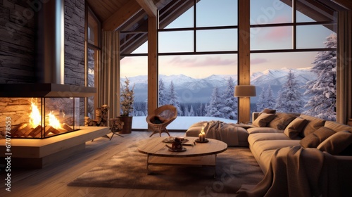 cozy warm home interior of a chic country chalet with a huge panoramic window photo