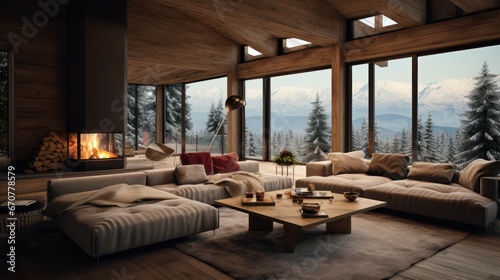 cozy warm home interior of a chic country chalet with a huge panoramic window