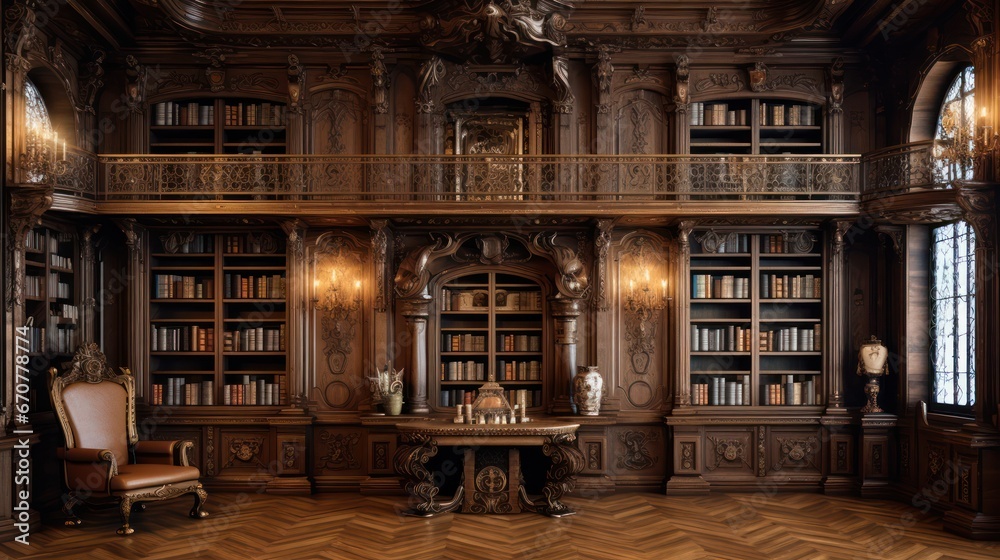 Huge antique library made of solid wood - obrazy, fototapety, plakaty 