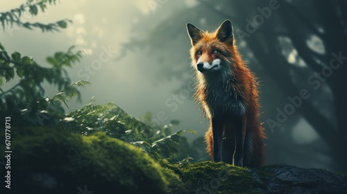 Fox in a forest covered with fog  cinematic style