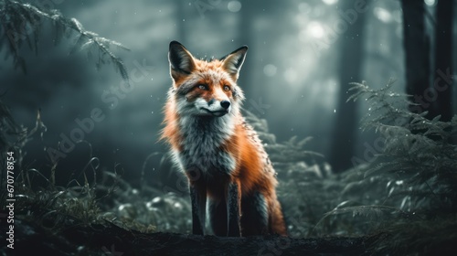 Fox in a forest covered with fog, cinematic style