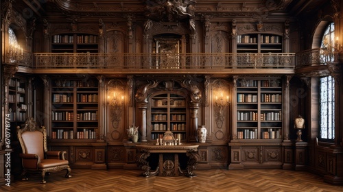 Huge antique library made of solid wood photo