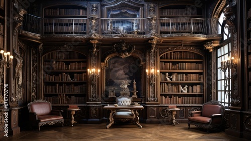 Huge antique library made of solid wood photo