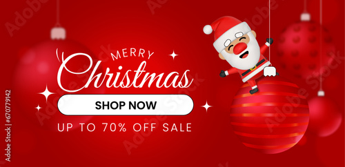 Merry Christmas Shop Now Sale banner for web and social media with 3D cartoon Santa Claus sitting on a Christmas tree toy / ball. Vector illustration.  (ID: 670779142)