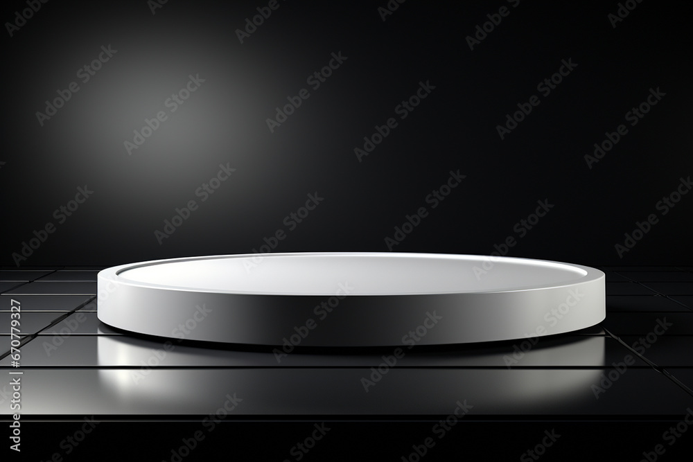 Ai Generative photo white light round podium and black background for mock up realistic image Ai Generative photo white light round podium and black background for mock up realistic image