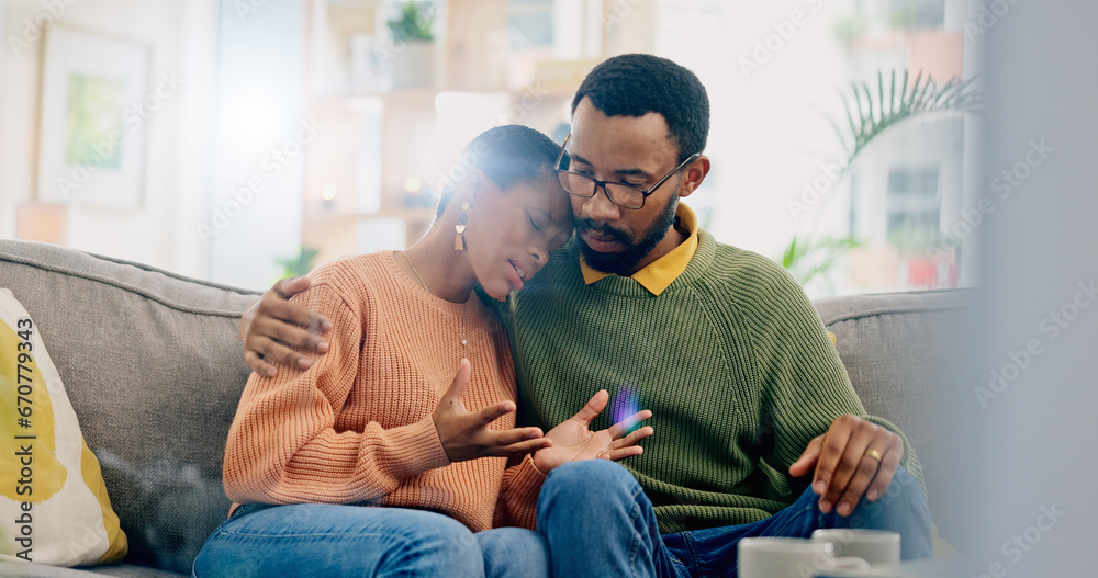 Sad, home and black couple with hug, conversation and emotions with discussion, grief and loss. People, apartment and man with woman, embrace or talking with reaction, crying and support with anxiety - obrazy, fototapety, plakaty 