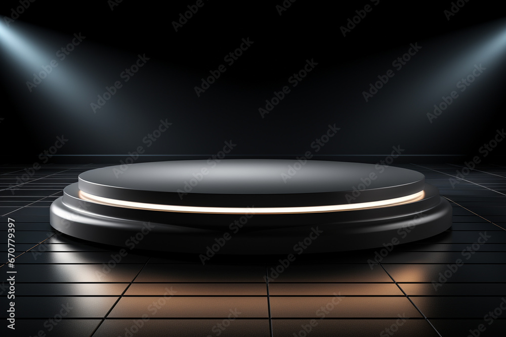 Ai Generative photo white light round podium and black background for mock up realistic image Ai Generative photo white light round podium and black background for mock up realistic image
