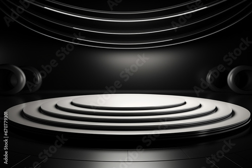 Ai Generative photo white light round podium and black background for mock up realistic image