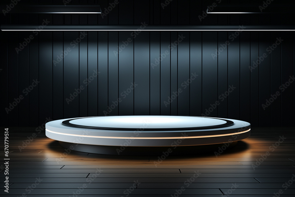 Ai Generative photo white light round podium and black background for mock up realistic image Ai Generative photo white light round podium and black background for mock up realistic image